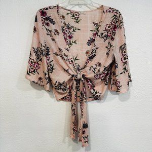 Vaneul Crop Top Floral Open Front Blouse that Ties at Hem Short Sleeves Sz Small